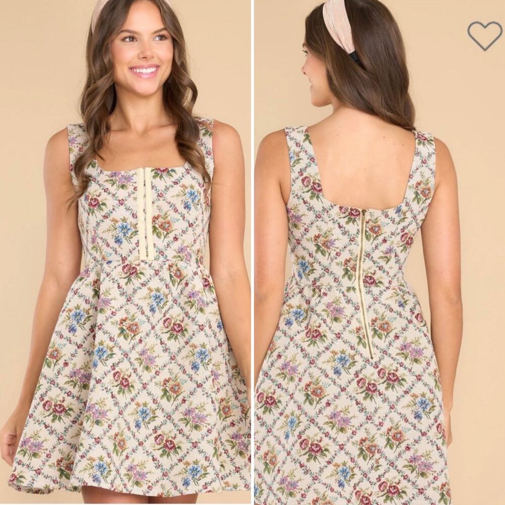 ✨AURA Floral Tapestry Cottagecore Corset Fit Flare Mini Dress Sz M Carpet Bag